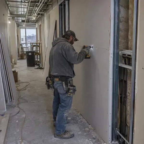 Worker securing fire-rated drywall along a commercial corridor