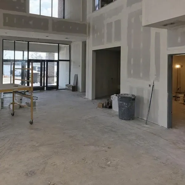 Commercial lobby walls with taped drywall joints