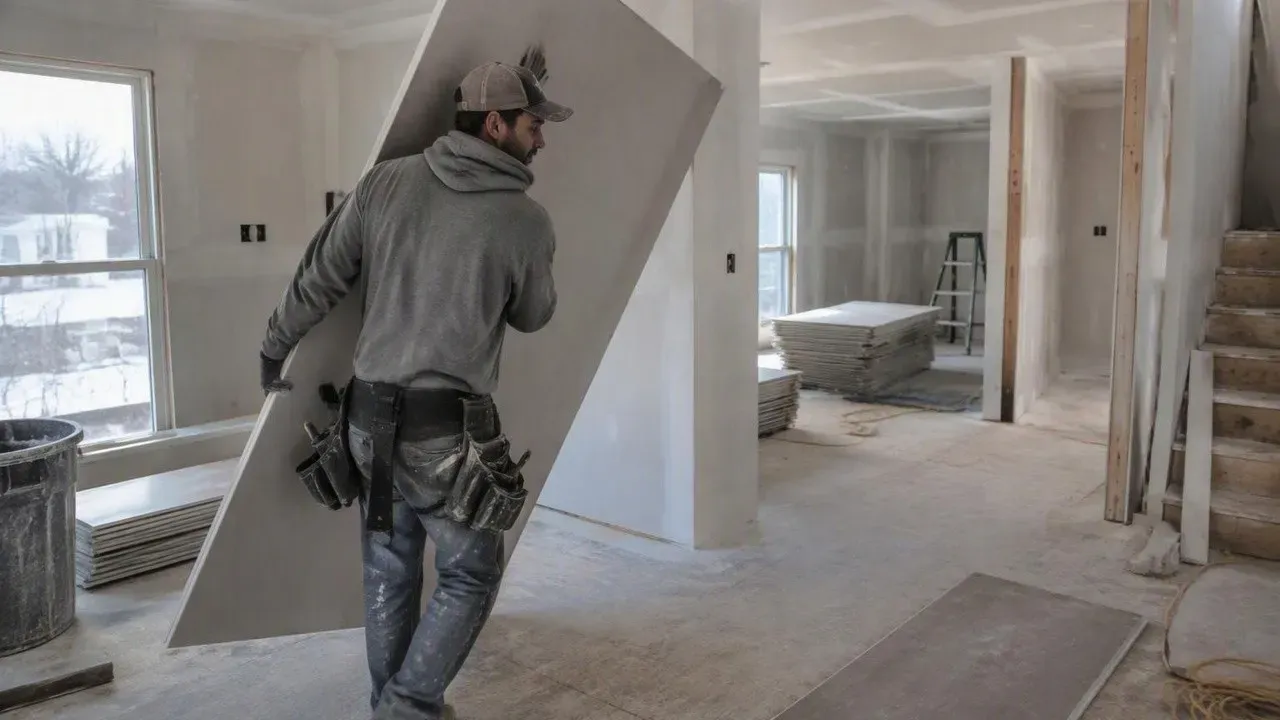Fort Collins drywall contractor carrying a drywall panel through a home under construction