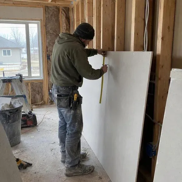 Drywall contractor measuring a panel beside exposed wood studs before cutting