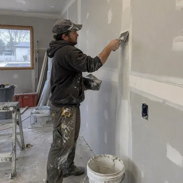 Drywall finisher applying joint compound over taped seams