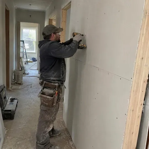 Drywall installer fastening panels along a hallway with screws set below the paper face