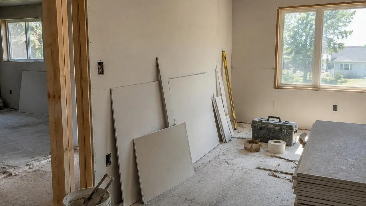 Drywall texture supplies beside partially boarded walls during a remodel