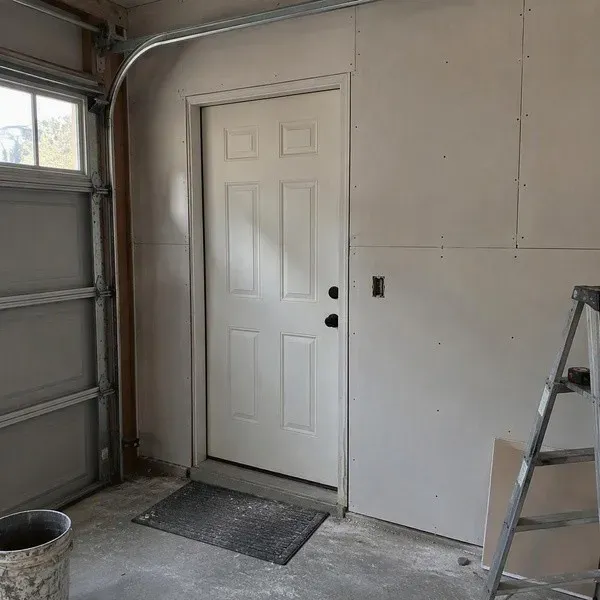 Garage drywall installation fitted around the entry door to the house