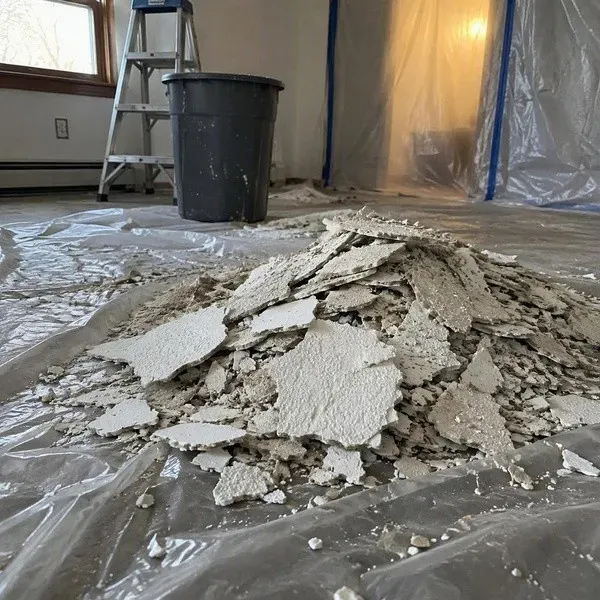 Plastic sheeting containing debris during drywall ceiling work